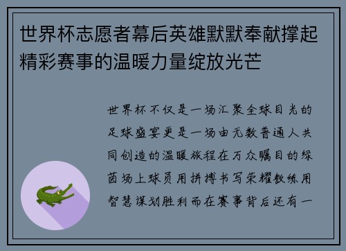 世界杯志愿者幕后英雄默默奉献撑起精彩赛事的温暖力量绽放光芒